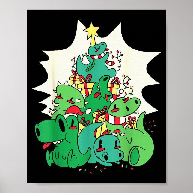 Dinosaur Christmas Tree Cartoons Holiday Tyrannosa Poster (Front)