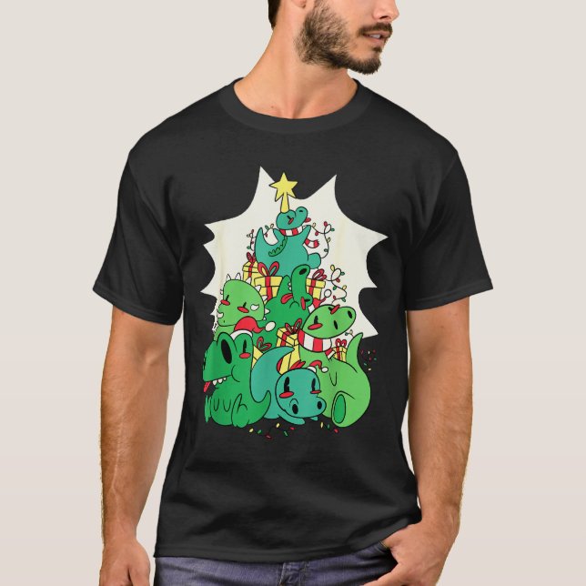 Dinosaur Christmas Tree Cartoons Holiday Tyrannosa T-Shirt (Front)