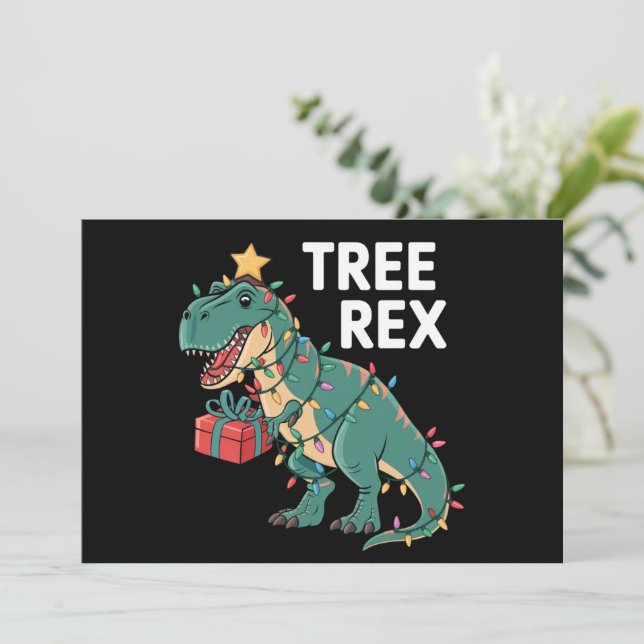 Dinosaur Christmas Tree Rex Pyjamas Xmas Lights  Holiday Card (Standing Front)