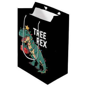 Dinosaur Christmas Tree Rex Pyjamas Xmas Lights  Medium Gift Bag