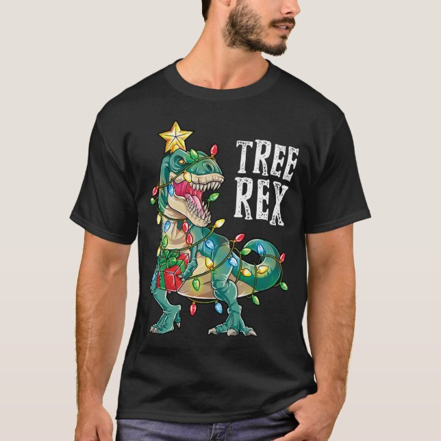 Dinosaur Christmas Tree Rex Pyjamas Xmas Lights T-Shirt (Front)
