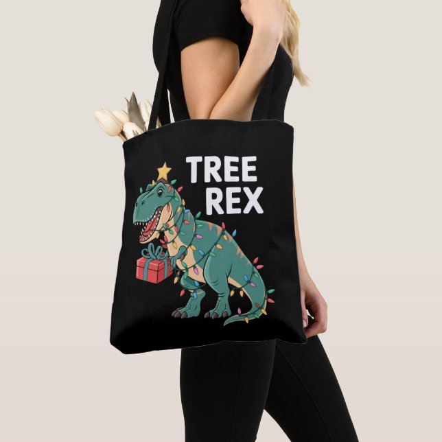 Dinosaur Christmas Tree Rex Pyjamas Xmas Lights  Tote Bag (Close Up)
