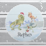 Dinosaur Christmas Tyrannosaur Raptor Name Classic Round Sticker<br><div class="desc">This design may be personalised in the area provided by changing the photo and/or text. Or it can be customised by clicking Personalise this Template and then choosing the click to customise further option and delete or change the colour of the background, add text, change the text colour or style,...</div>