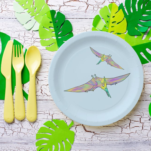 Dinosaur Colorful Watercolor Paper Plate (Dinosaurs flying colorful pterodactyl watercolor party paper plates)