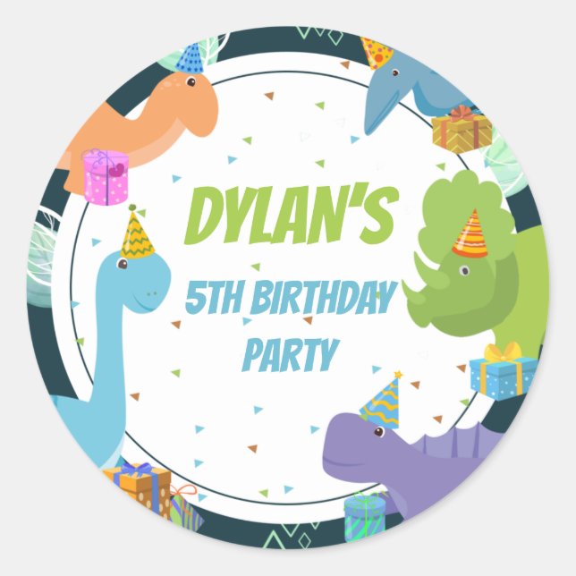 Dinosaur Confetti Themed Kids Party Birthday Classic Round Sticker (Front)