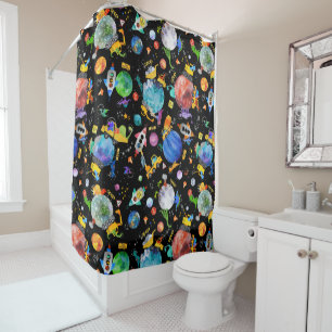 Dinosaur Construction Crew Outer Space Astronauts Shower Curtain