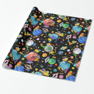 Dinosaur Construction Crew Outer Space Astronauts Wrapping Paper