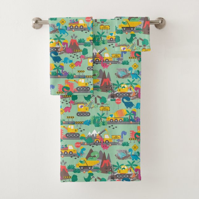Dinosaur Construction Kids Bath Towel Set (Insitu)