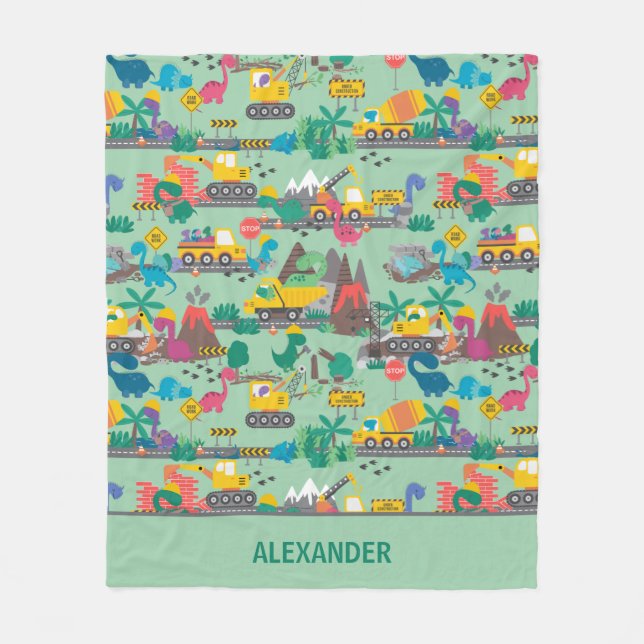 Dinosaur Construction Kids Personalised Fleece Blanket (Front)