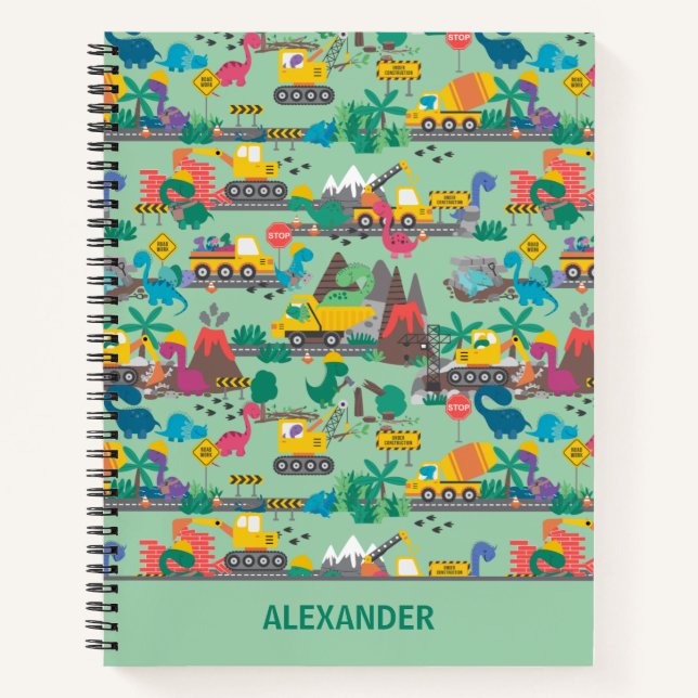 Dinosaur Construction Kids Personalised Notebook (Front)