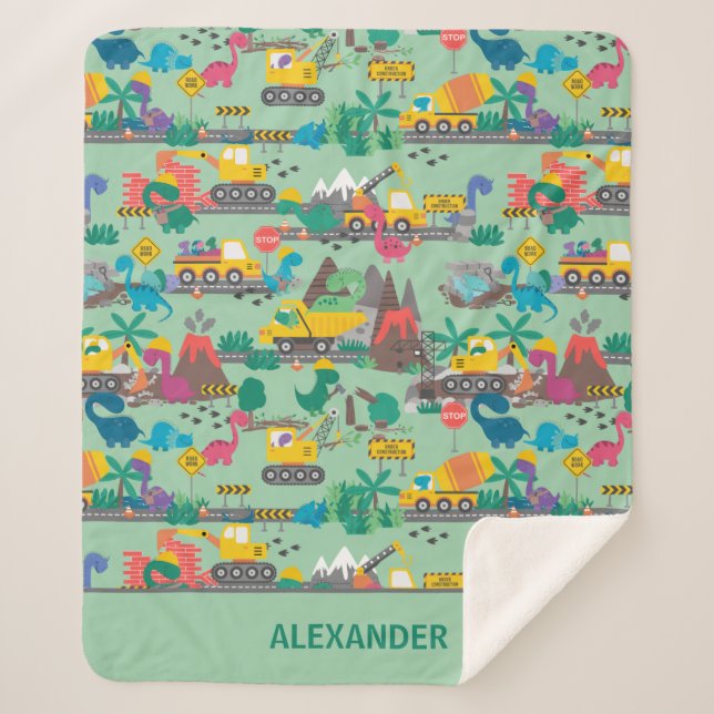 Dinosaur Construction Kids Personalised Sherpa Blanket (Front)