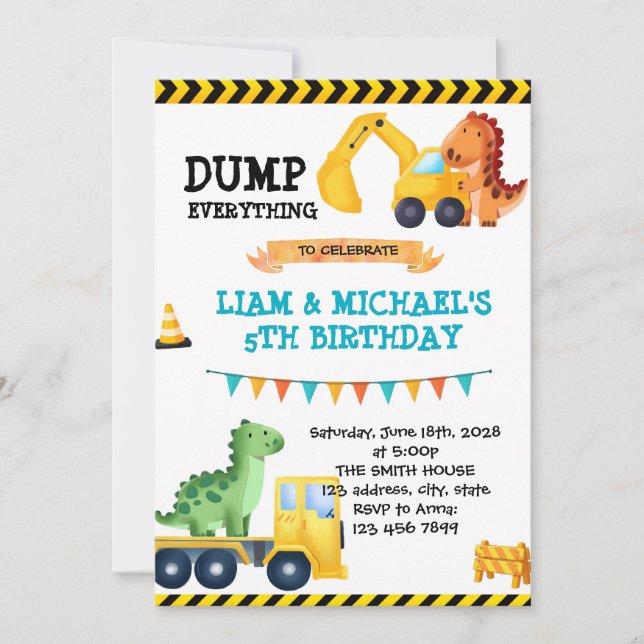 Dinosaur construction party invitation (Front)