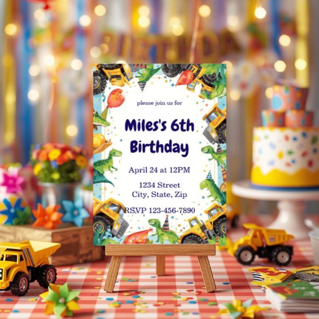 Dinosaur Construction Truck Birthday Invitatio Invitation (Creator Uploaded)