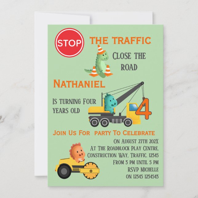 Dinosaur Construction Vehicle 4th Birthday Party Invitation (Front)
