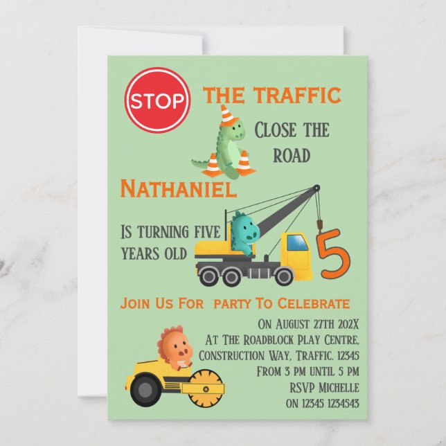 Dinosaur Construction Vehicle  5th Birthday Party Invitation (Front)
