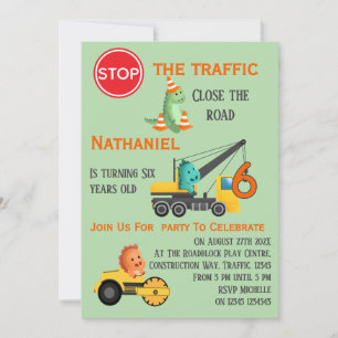 Dinosaur Construction Vehicle 6th Birthday Party Invitation