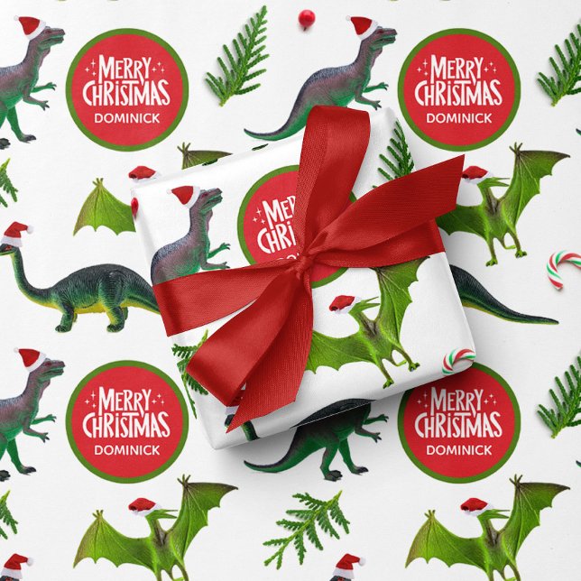 Dinosaur Custom Name Christmas Wrapping Paper (Creator Uploaded)