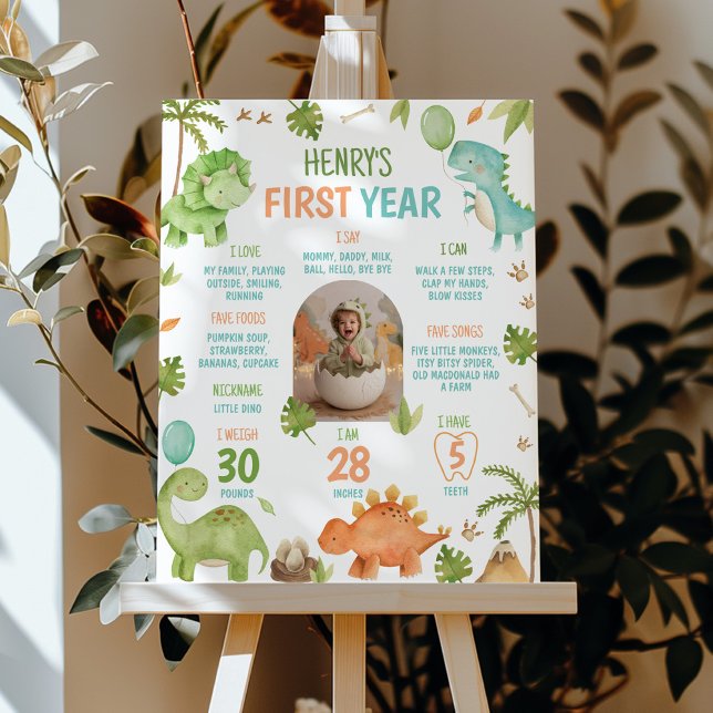 Dinosaur Cute Boy 1st Birthday Milestone Photo Poster (Creator Uploaded)