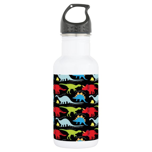 Dinosaur Designs Blue Red Green on Black 532 Ml Water Bottle (Front)