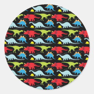 Dinosaur Designs Blue Red Green on Black Classic Round Sticker