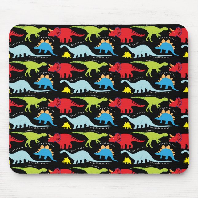 Dinosaur Designs Blue Red Green on Black Mouse Pad (Front)