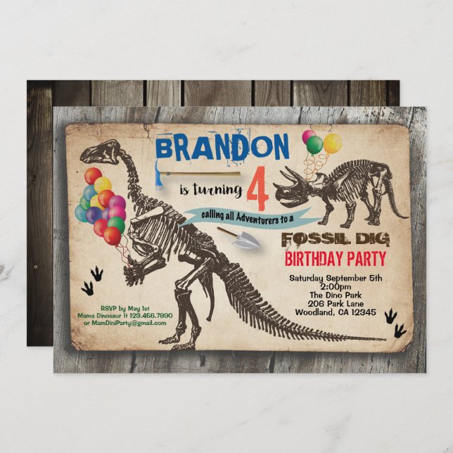 Dinosaur dig birthday invitation rustic fossil (Front/Back)