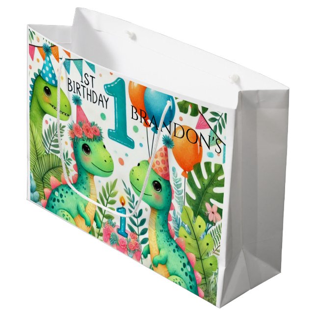 Dinosaur Dino 1st Birthday Party  Large Gift Bag (Front Angled)