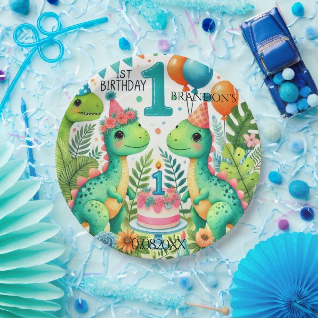 Dinosaur Dino 1st Birthday Party  Paper Plate (Party)