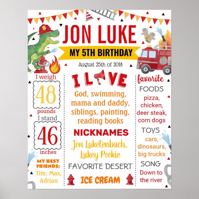Dinosaur Dino Firefighter Firetruck Birthday 1069 Poster (Front)