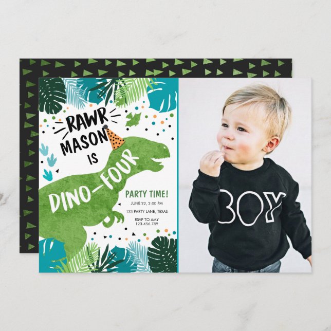 Dinosaur Dino-Four RAWR 4th Fourth Birthday Invita Invitation (Front/Back)