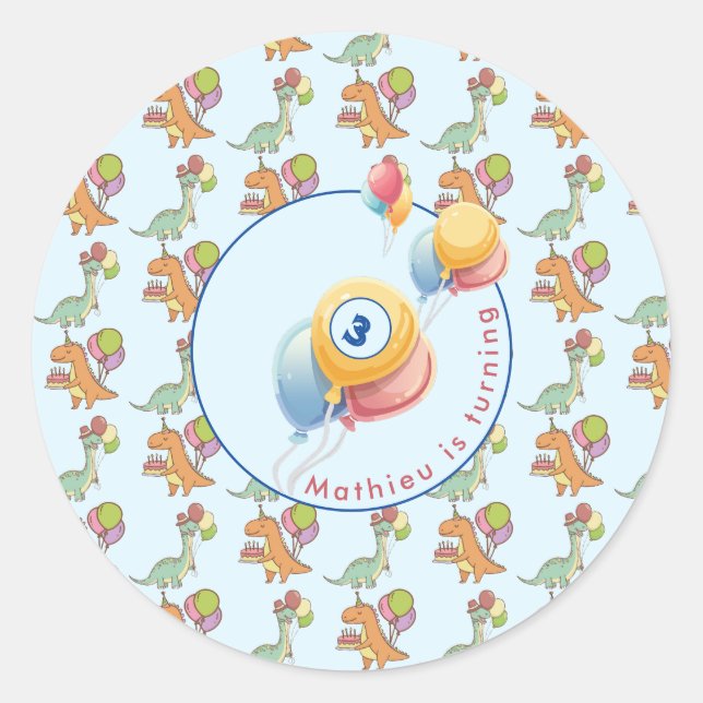 Dinosaur dino party kids birthday blue funny classic round sticker (Front)