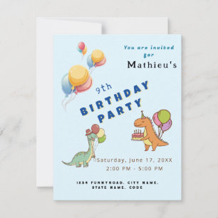 Dinosaur dino party kids birthday blue funny invitation