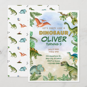Dinosaur Dino T-rex 5th Birthday Invitations Cards