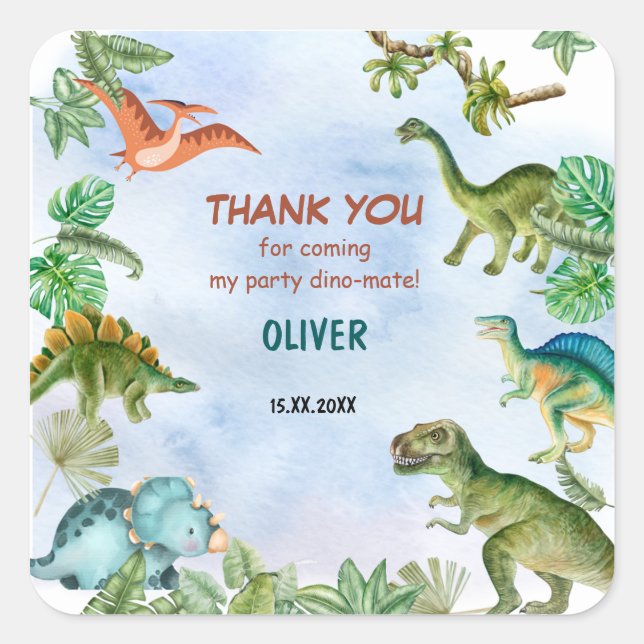 Dinosaur Dino T-rex Birthday Gift Thank You Square Sticker (Front)