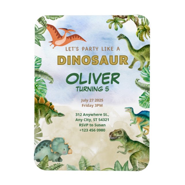 Dinosaur Dino T-rex Birthday Invitations Flexible Magnet (Vertical)