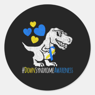 Dinosaur Down Syndrome Awareness Blue And Yellow Classic Round Sticker