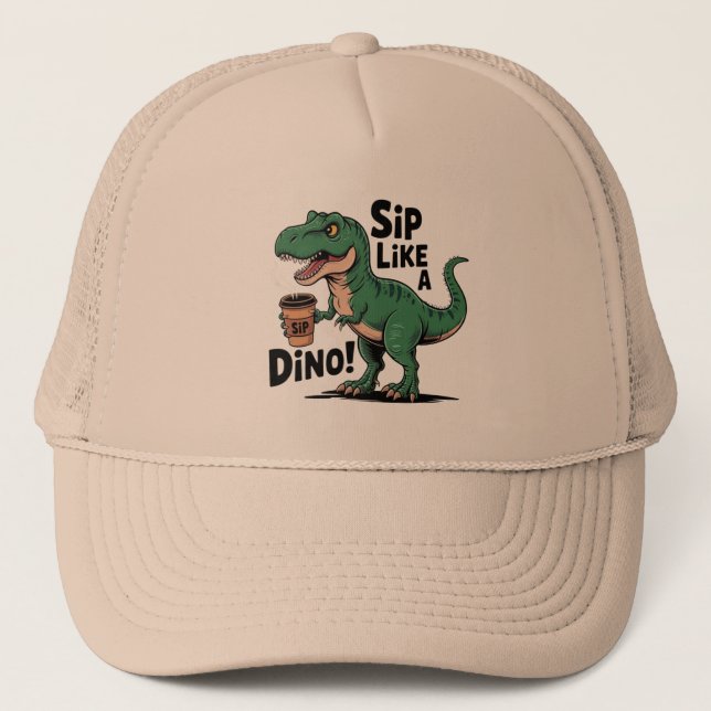 dinosaur drinking coffee  trucker hat (Front)