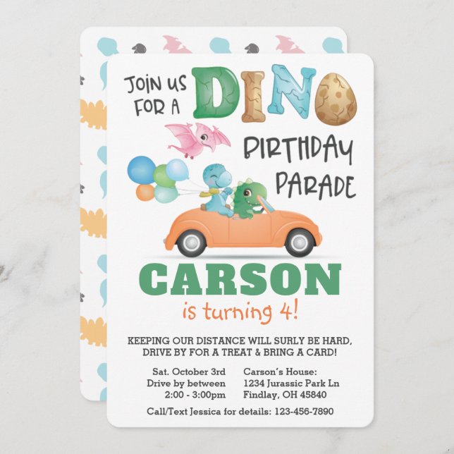 Dinosaur Drive By Birthday Parade Party Invitation (Front/Back)