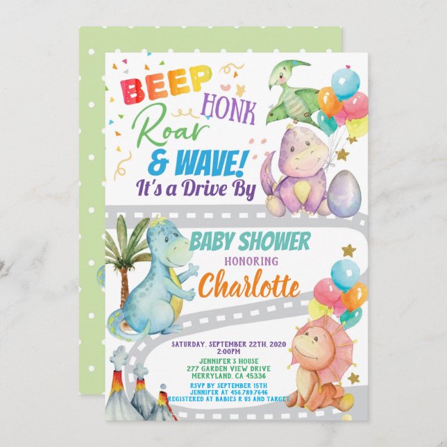 Dinosaur Drive Through Baby Shower Invitation (Front/Back)