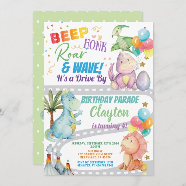 Dinosaur Drive Through Birthday Party Parade Invitation (Front/Back)