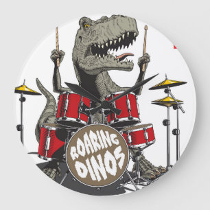 Dinosaur Drums Playing Vintage Illustration Large Clock