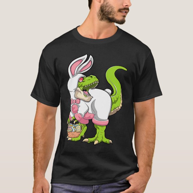 Dinosaur Easter Basket With Eggs Happy Easter T-Shirt (Front)