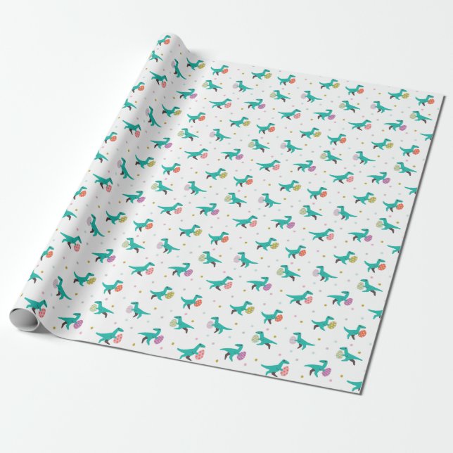 Dinosaur Easter Egg Hunt Pattern Wrapping Paper (Unrolled)