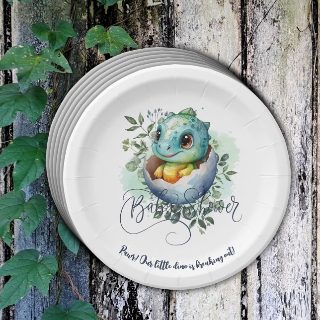 Dinosaur Egg Cute Watercolor Leaves Baby Shower Paper Plate (Creator Uploaded)