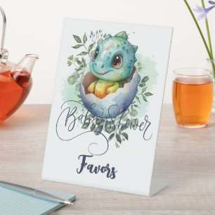 Dinosaur Egg Cute Watercolor Leaves Baby Shower Pedestal Sign