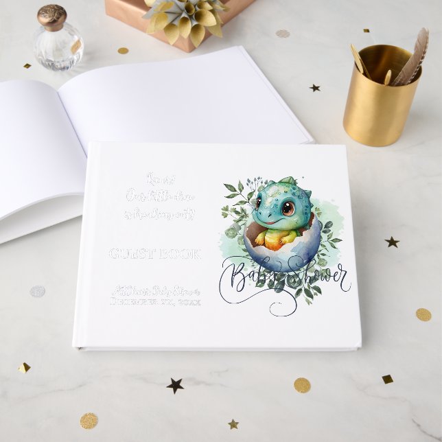 Dinosaur Egg Watercolor Leaves Baby Shower Foil Guest Book (Front Open)