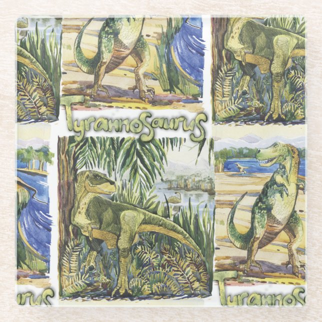 Dinosaur Era: Watercolor Landscape Illustration Glass Coaster (Front)