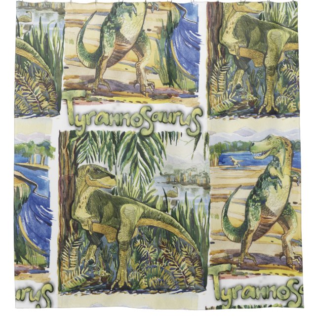 Dinosaur Era: Watercolor Landscape Illustration Shower Curtain (Front)