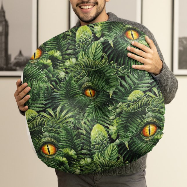 Dinosaur Eyes Green Plants Ancient Creature Art Round Cushion (Creator Uploaded)