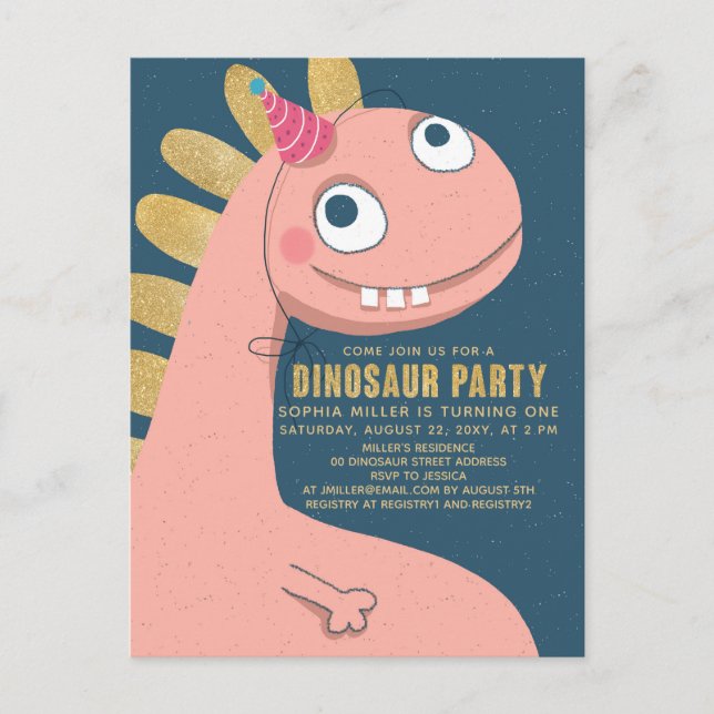 Dinosaur Faux Gold Pink Fun Cute Girl Kids Invitation Postcard (Front)